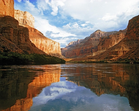 Colorado River The Grand Canyon - clouds, water, blue, rock, reflection, river, nature, sky, canyon