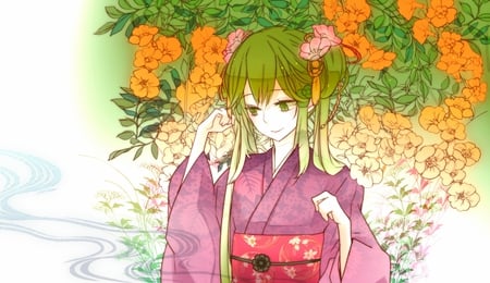 Flower Girl - aqua, music, anime girl, white, art, cool, petals, kimono, artistic, hatsune miku, light, song, vocaloids, program, glow, flower girl, vocaloid, beautiful, diva, nice, beauty, twintail, singer, black, virtual, pretty, idol, green, anime, orange, miku, cute, girl, cg, hatsune, green eyes, flowers, digital, awesome, green hair, japanese clothes