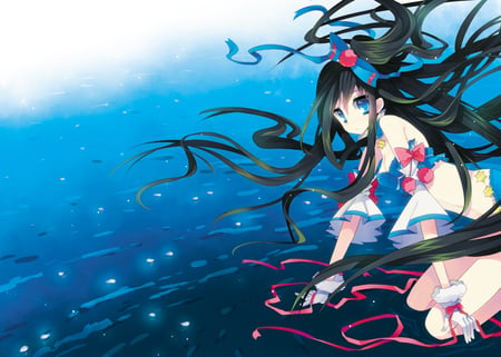 Anime - ocean, girl, female, water, long hair, bow, blue, anime, ribbon