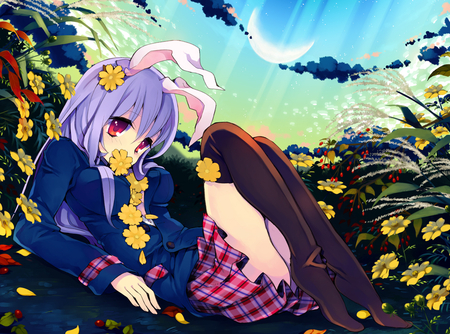 Bunny - skirt, sky, female, girl, bunny, ears, rabbit, clouds, flowers, grass