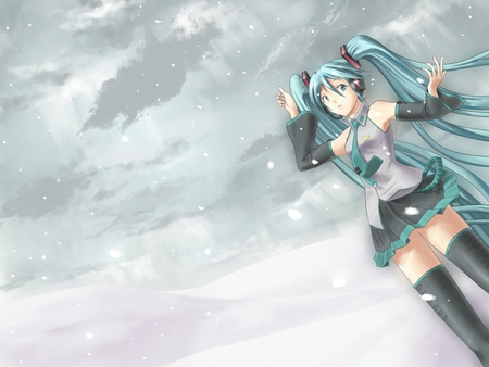 Hatsune Miku - aqua, hot, headset, thighhighs, music, anime girl, white, art, cool, artistic, hatsune miku, skirt, sexy, song, vocaloids, program, vocaloid, snow, beautiful, diva, beauty, nice, sky, twintail, singer, black, virtual, pretty, idol, clouds, anime, miku, cute, girl, cg, hatsune, microphone, yuki, headphones, tie, digital, awesome, gray