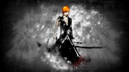 Kurosaki Ichigo - kurosaki ichigo, bleach, torn clothing, black background, chains, cool, orange hair, anime, ichigo kurosaki, ichigo, sword, weapons, spiky hair