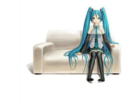 Hatsune Miku - aqua, headset, room, music, anime girl, stockings, white, art, cool, aqua eyes, artistic, hatsune miku, skirt, song, vocaloids, program, vocaloid, beautiful, uniform, diva, beauty, nice, twintail, singer, socks, aqua hair, black, couch, virtual, pretty, idol, anime, miku, cute, girl, cg, thighhihs, hatsune, microphone, headphones, tie, awesome, digital, gray, outfit