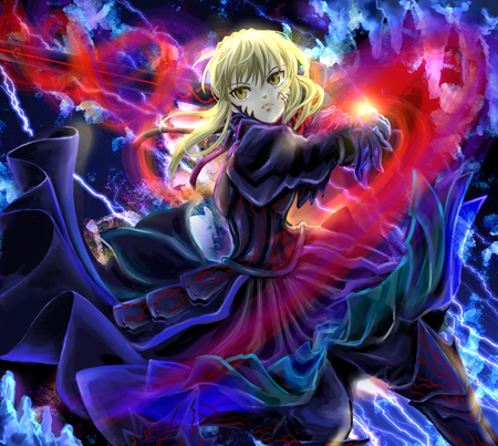 Saber Alter - clouds, saber, yellow eyes, anime, saber alter, sword, blonde hair, long hair, dark, armour, weapon, lightning, fate stay night