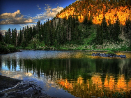 Reflection - splendor, landscape, grass, sunrise, reflection, view, lake, sky, clouds, sunlight, trees, water, beautiful, beauty, colors, lovely, tree, nature, sunset, green, mountains, peaceful