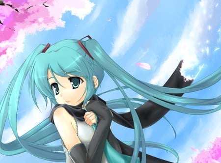 Hatsune Miku - tie, pretty, artistic, pink, muisc, uniform, nice, program, beauty, virtual, petals, cg, white, scarf, gray, cute, aqua eyes, song, outfit, vocaloid, anime, twintail, hatsune miku, aqua, sakura petals, art, sky, idol, clouds, anime girl, trees, sakura, beautiful, singer, girl, cool, black, miku, sakura tree, awesome, diva, digital, aqua hair, hatsune, vocaloids