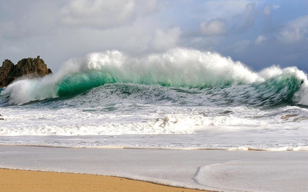 beautiful wave - clouds, beach, sea, ocean, sand, wave, sky