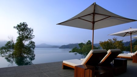 China - umbrellas, china, trees, romantic, beautiful, chairs, sea