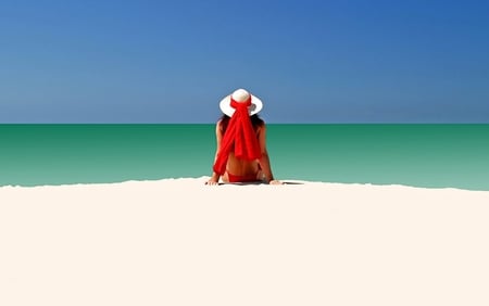 A Beautiful View - ocean, view, beach, girl, hat, red, bikini, model