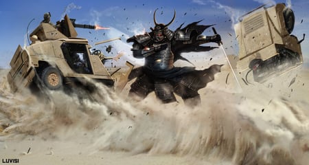 Humvee Vs. Samurai - anime, desert, gun, humvee, army, samurai