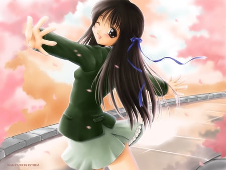 Girl - skirt, brown eyes, girl, ribbons, spring, brown hair, tagme, pink, anime, wink, cute