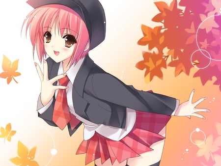 Excuse me - autumn, skirt, suzuhira hiro, sakura musubi, hat, girl, brown eyes, pink hair, kawai, seifuku, akino momiji, anime, blush, smile, cute, short hair