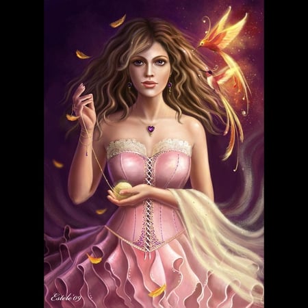 Fiery Birds - beauty, female, girl, fantasy, cg, bird, pretty, fiery, pink, dress