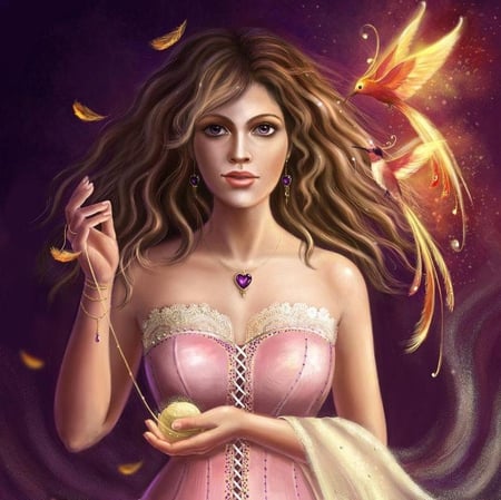 Fiery Birds - beauty, girl, female, fantasy, bird, cg, pretty, fiery, pink, dress, blonde