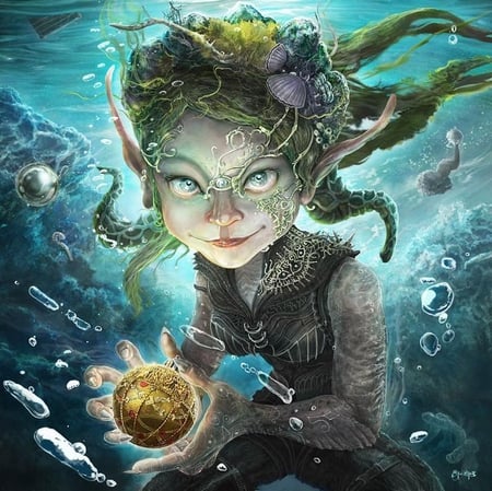 Ebru - aqua, elf, girl, digital art, water, aquatic, cg, underwater