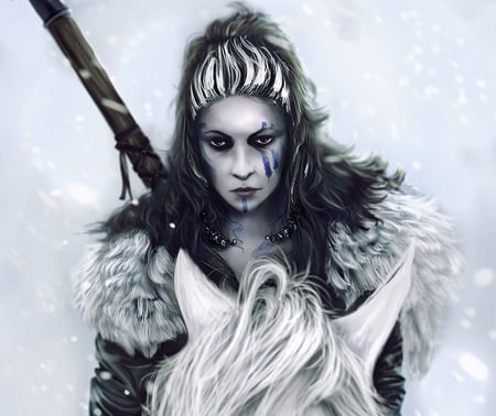 Etain - girl, female, fantasy, cg, white, horse, digital art, snow, hunter