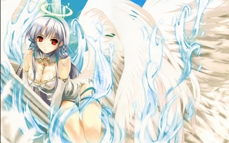 Blue Fire - pretyt, anime, cream, fantastic, blue, eyes, nibus, dress, angel, fire, red, halo, flames, nice, beautiful, sunshine, gray dress, reflex, red eyes, wonderful, colorful, manga, white, big, gray, wings, cute, shine