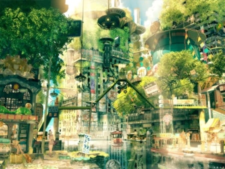 Natural City - trees, people, water, colorful, lives, multicolor, anime, tree, manga, nature, futuristic, person, caotic, city, flowers, tecno, hi-tech, natural