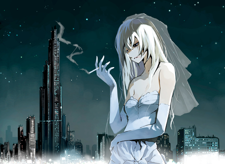 Tagme - justminor, blonde hair, wedding dress, cigarette, city, original, stars, night