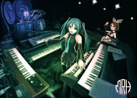 Vocaloid - hatsune miku, kagamine rin, blue eyes, long hair, aqua hair, 3girls, blonde hair, aqua eyes, short hair