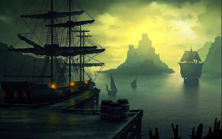 spanish lights - pirates, ocean, landscape, ships, wonderful, nature, picture, ship, pier, beautiful, island, scenery