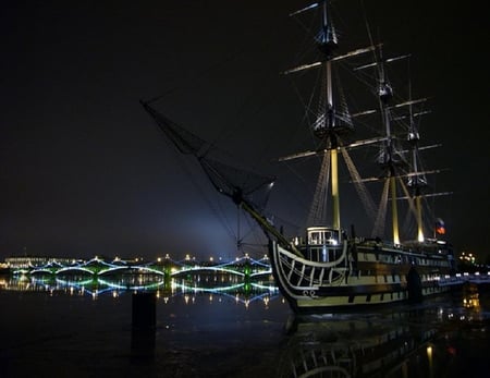 On Show - ship, illuminated, reflection, night, sea, bridge, boat