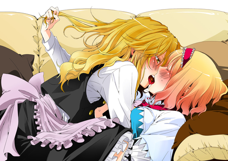 Touhou - bed, kiss, blonde hair, headband, long hair, blush, 2girls, dress