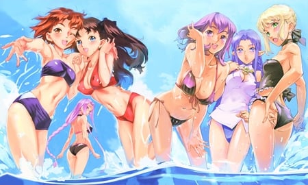 fate stay night - elf, headband, blue eyes, long hair, wet, purple hair, black hair, blue hair, green eyes, blonde hair, bikini, purple eyes, short hair