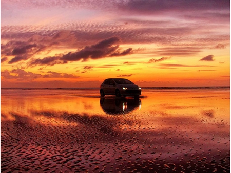 Car on Beach - picture, car, beautiful, sunset, on beach