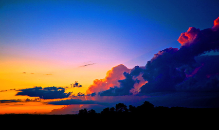 The thunder rolls - sky, dark clouds, storm brewing, trees, sunset, blue