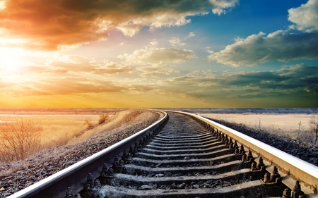 Path of Life to The Sky - clouds, railroad, fields, landscape, morning, train, nature, rays, rail, sun, sky