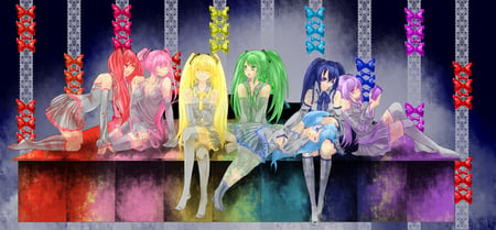 colors miku - aqua, hot, music, yelow, anime girl, white, art, purple, yellow, cool, aqua eyes, artistic, hatsune miku, sexy, skirt, rainbow, long hair, song, vocaloids, program, bow, vocaloid, pink, beautiful, uniform, diva, dress, shadow, beauty, nice, twintail, singer, aqua hair, black, miku hatsune, virtual, pretty, fade, idol, anime, green, miku, cute, maripose, girl, cg, hatsune, red, blue, tie, awesome, digital, colors, outfit