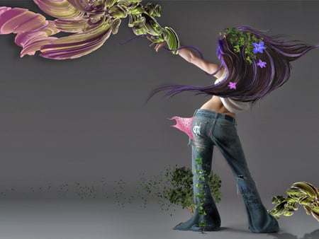 Blossoming Girl - jeans, spray, paint, girl, blossoming, long, hair