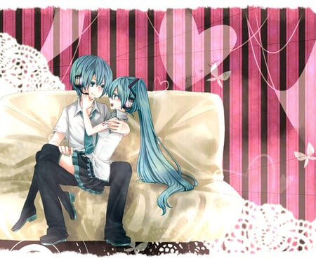 miku and kaito - love, blue eyes, long hair, living room, blue hair, pink, blush, short hair, dress