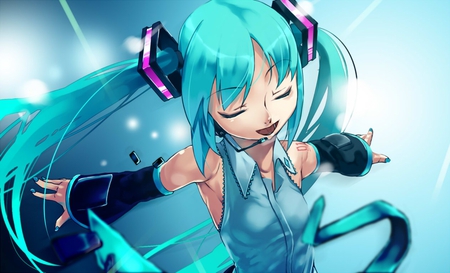 Hatsune Miku - tie, pretty, artistic, stage, light, uniform, headphones, nice, program, thighhighs, beauty, virtual, cg, white, gray, cute, aqua eyes, song, outfit, vocaloid, anime, blue, twintail, hatsune miku, microphone, music, aqua, closed eyes, art, idol, anime girl, skirt, beautiful, singer, girl, cool, black, glow, miku, awesome, diva, digital, aqua hair, hatsune, vocaloids, headset