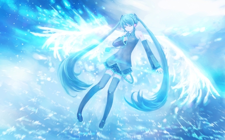 Angel Miku - aqua, angel, headset, music, thighhighs, wings, anime girl, stockings, white, art, cool, aqua eyes, artistic, hatsune miku, skirt, light, song, majestic, vocaloids, program, glow, vocaloid, beautiful, uniform, diva, beauty, nice, sky, heavens, twintail, singer, aqua hair, black, virtual, pretty, idol, clouds, anime, miku, cute, feathers, girl, cg, hatsune, microphone, blue, headphones, tie, awesome, digital, gray, outfit