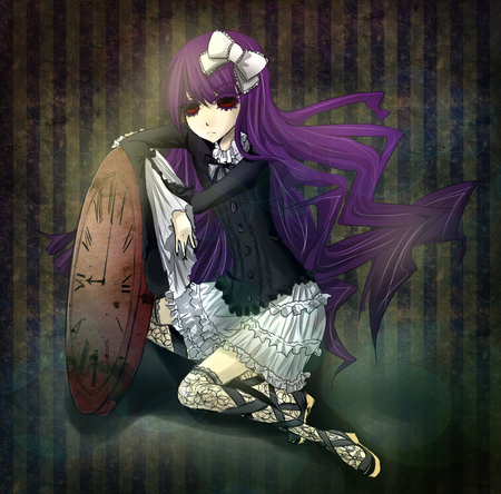 shiki - green, time, black eyes, dress, bluhs, long hair, purple hair