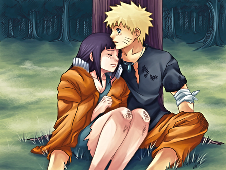 naruto and hinata - sleep, hinata, yelow hair, naruto, blush, yard, purple hair, blu eyes