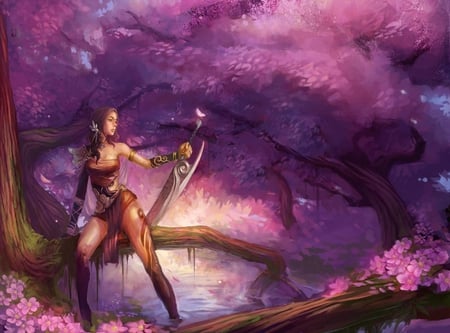 Beautiful Warrior - armor, flowers, fantasy, anime, female warrior, beautiful warrior, sword, fantasy girl