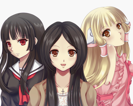 forever girls - brown eyes, yelow hair, dress, black hair, ai, long hair, red eyes, chi