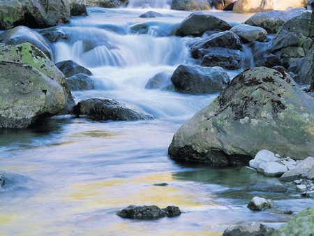 flowing stream - water, fall, blue, rocks