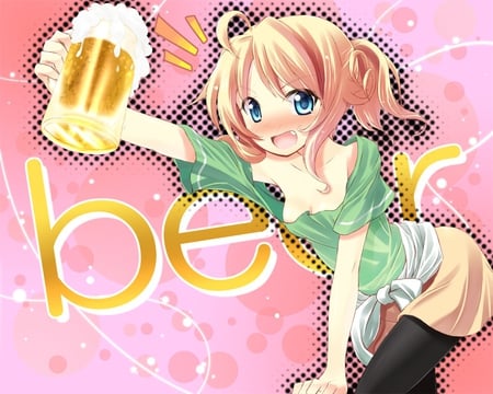 Beer - anime, beer, female, skirt, girl, blonde, glass, cup, blue eyes