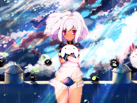 Creatures - clouds, anime, female, blue, girl, long hair, white hair, black, creatuers, sky, shine