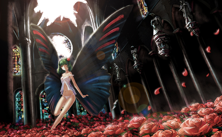 Gertrud - female, roses, hair, wings, shoujo, magica, butterfly, red, green, mahou, madoka, personification, gertrud