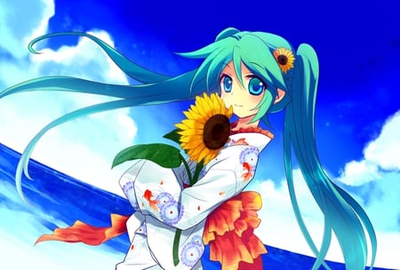 Hatsune Miku - pretty, artistic, japanese clothes, nice, program, hot, beauty, kimono, virtual, flower, cg, white, cute, traditional, aqua eyes, culture, song, sexy, vocaloid, clothes, anime, blue, twintail, beach, hatsune miku, music, aqua, sunflower, red, blakc, art, sky, idol, clouds, anime girl, beautiful, sea, singer, girl, cool, orange, ocean, miku, awesome, diva, digital, aqua hair, hatsune, vocaloids, leaf