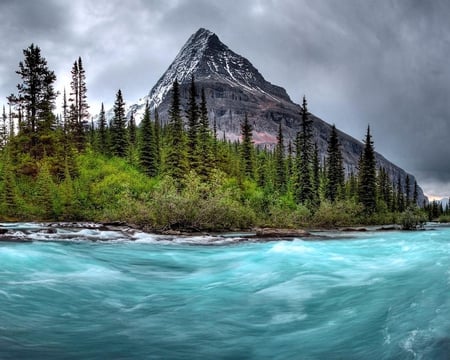 Mount Robson Canada - clouds, trees, water, rock, forest, rapids, mountain, river, sky