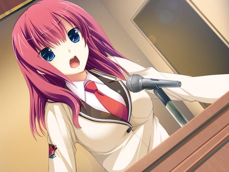 Pretty girl - tie, anime, girl, seifuku, microphone, school uniform, red hair, cute, futsu janai, sakurazaki kotoko, blue eyes, game cg