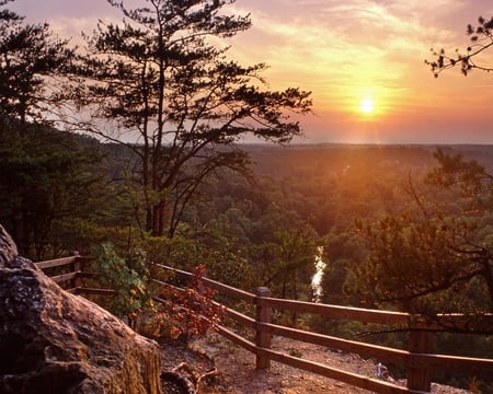 Edge of Solitude North Carolina - sky, fence, mountain, sun, sunset, nature, northcarolina, tree, rock, shadow