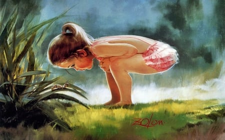 girl-observing-earthworms - paint, girl, cute, grass, 3d, brush, worm