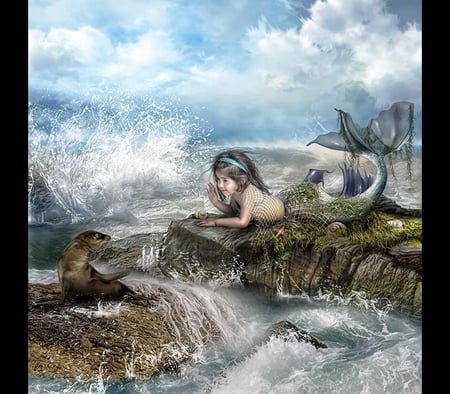 Hi little guy - beauty, love, girl, water, child, fantasy, mermaid, digital art, animal, cute, little, friend